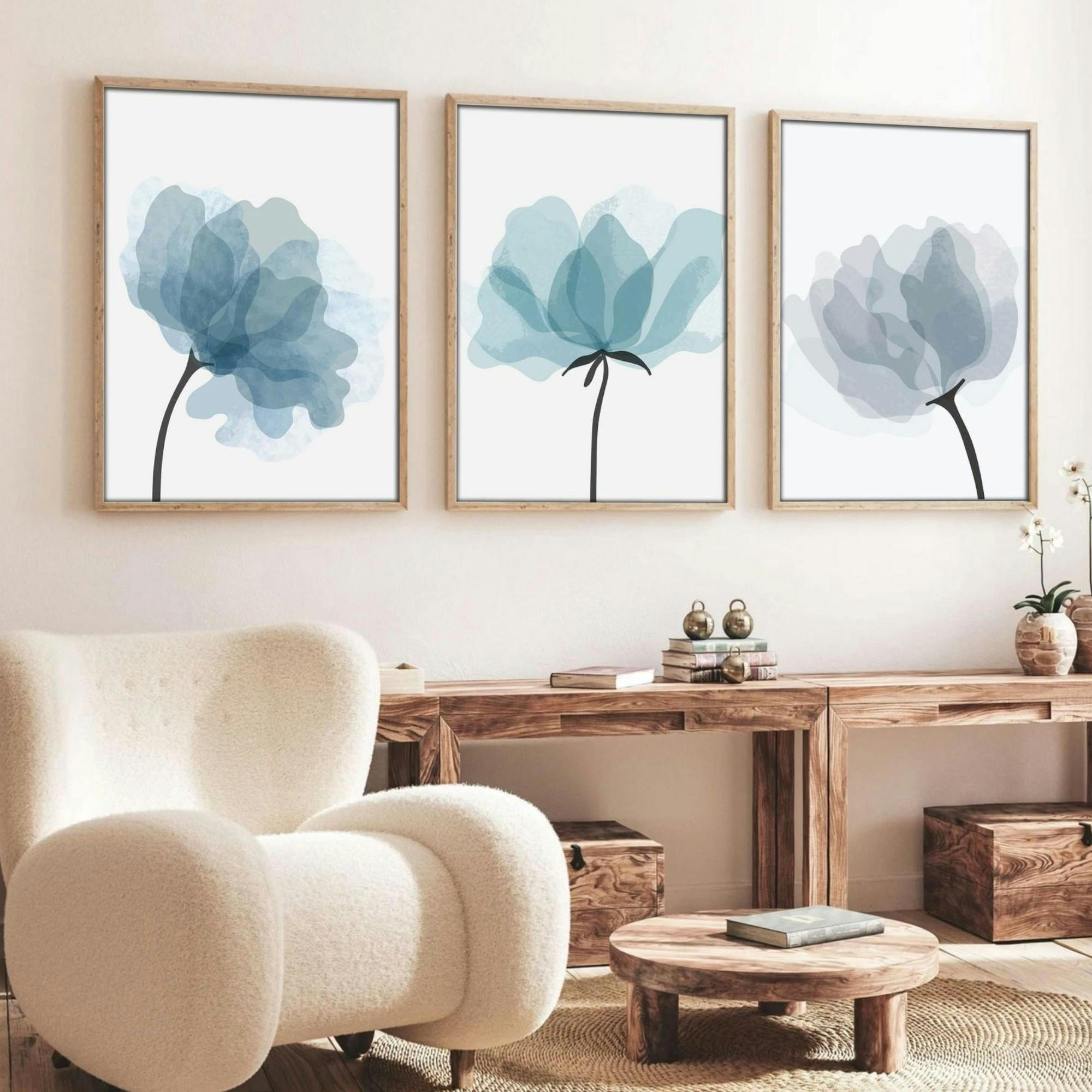 Tableau floral aquarelle bleu pastel – lot de 3