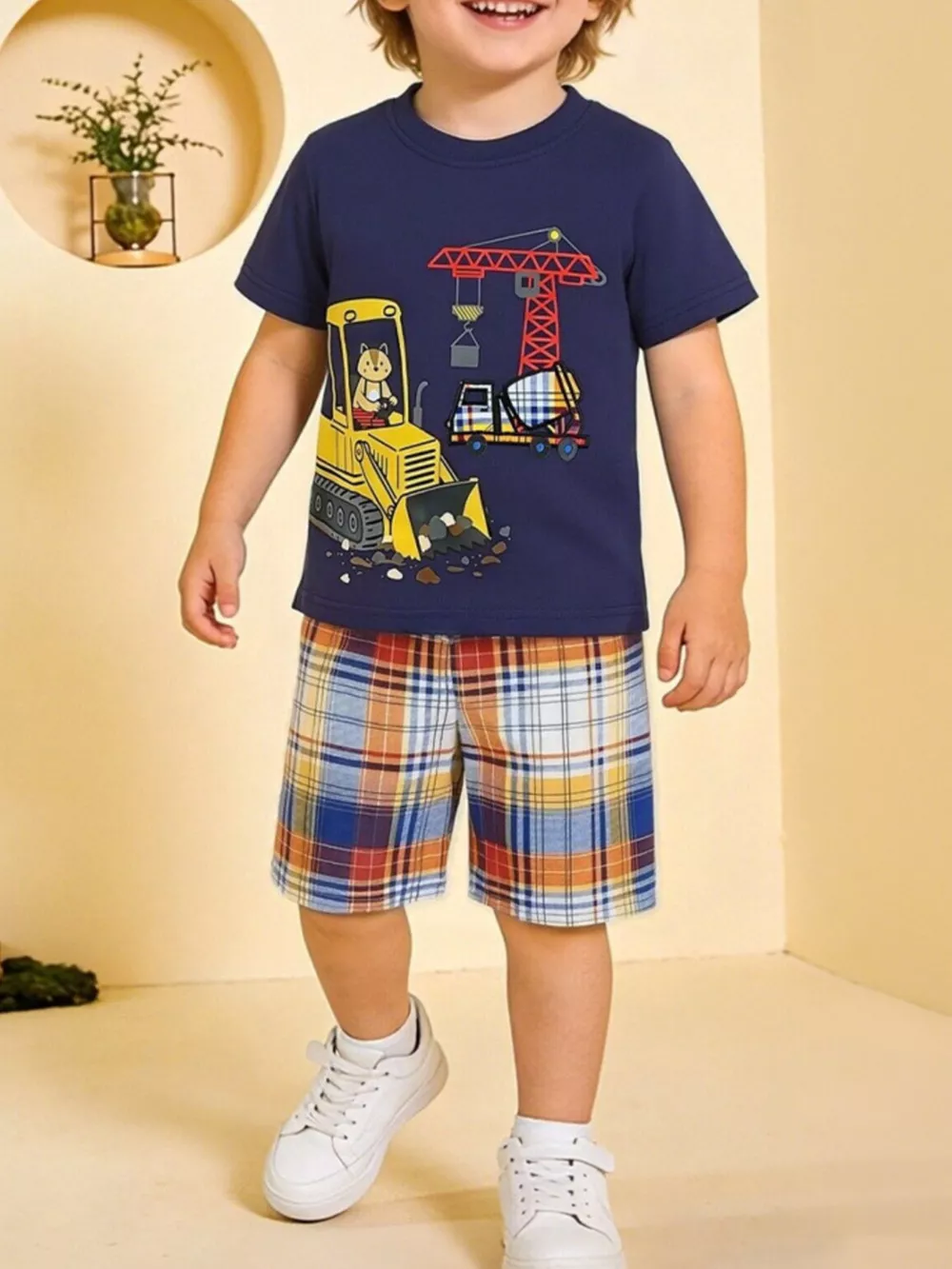 Children's Construction Vehicle Print Tee & Plaid Shorts Set