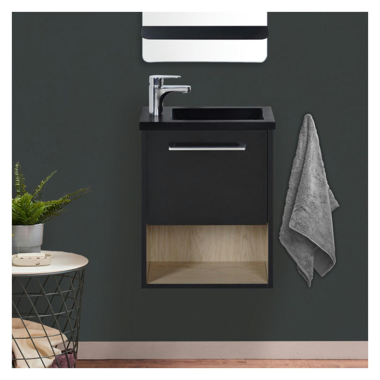 NIKA - Meuble lave-mains  Noir intérieur décor chêne + robinet chromé