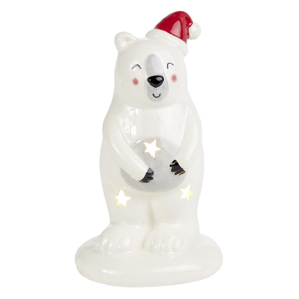 Ours de No&euml;l lumineux 1LED céramique blanc H14,5cm