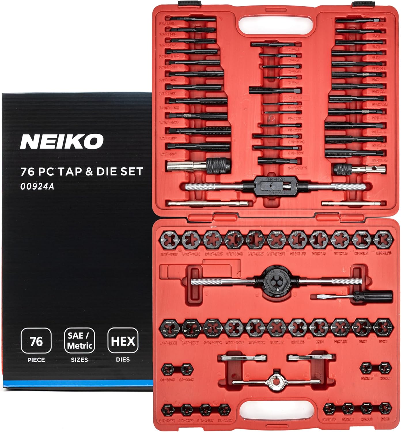 NEIKO Tap and Die Set, 76 Piece, Metric and Standard, Rethreading, Cutting, Repairing Threading Tool for External & Internal Thread Tap Set, SAE & MM, Hex Die, UNC, UNF, AND NPT Threads, Complete Kit