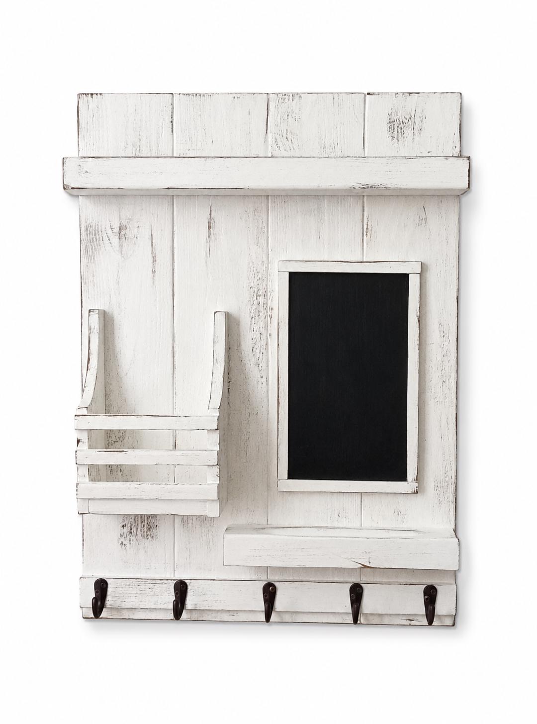 Farmhouse Rustic Distressed Entryway Organizer with Chalkboard, Key Hooks and Mail Holder
