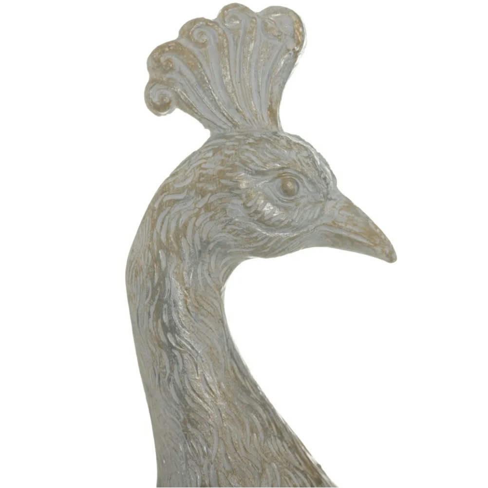 PAON - Statuette de décoration paon blanc patiné or et argent