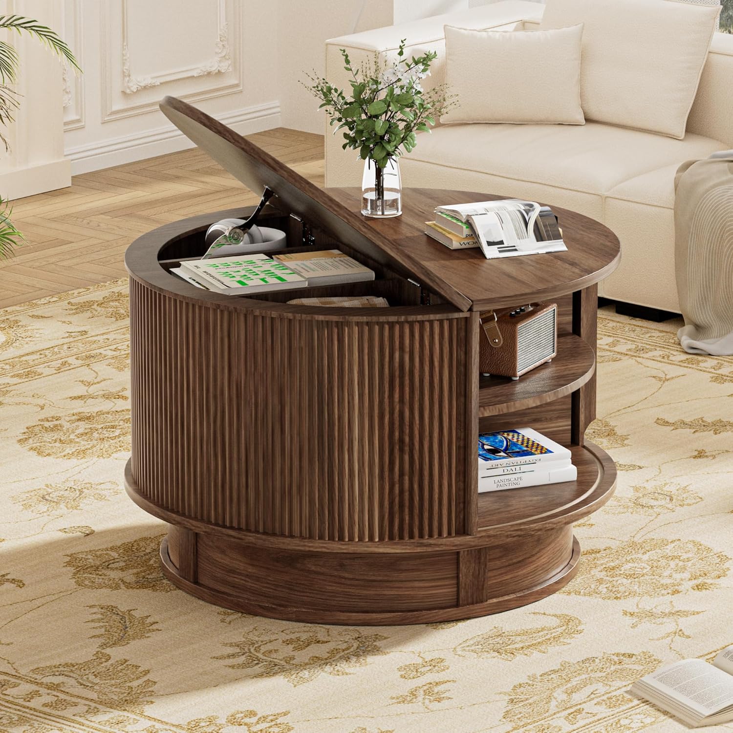 31.5 Round Fluted Coffee Table with Hidden Storage, Modern Wood Coffee Table with Flip-Up Hinged Tabletop, Divided Compartments and Rotating Base for Living Room & Apartment (Walnut)