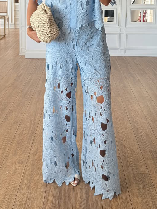 Casual Cutout Lace Shirt & Wide-Leg Pants Two-Piece Set