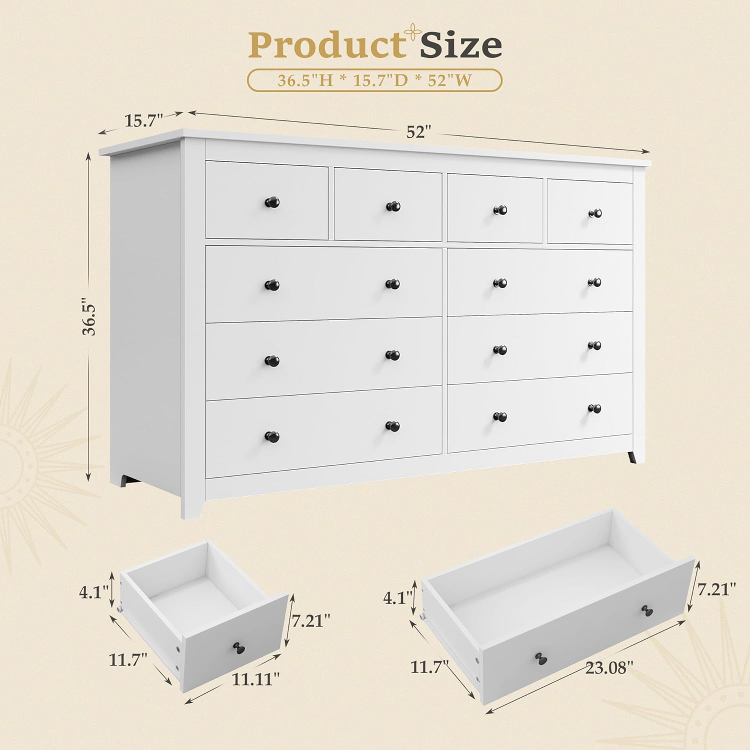 White Dresser for Bedroom with 10 Spacious Drawers Large Wood Dresser TV Stand for Bedroom Modern Chest of Drawers for Living Room Hallway Entryway, Smooth Slide, 15.7 D x 52 W x 36.5 H