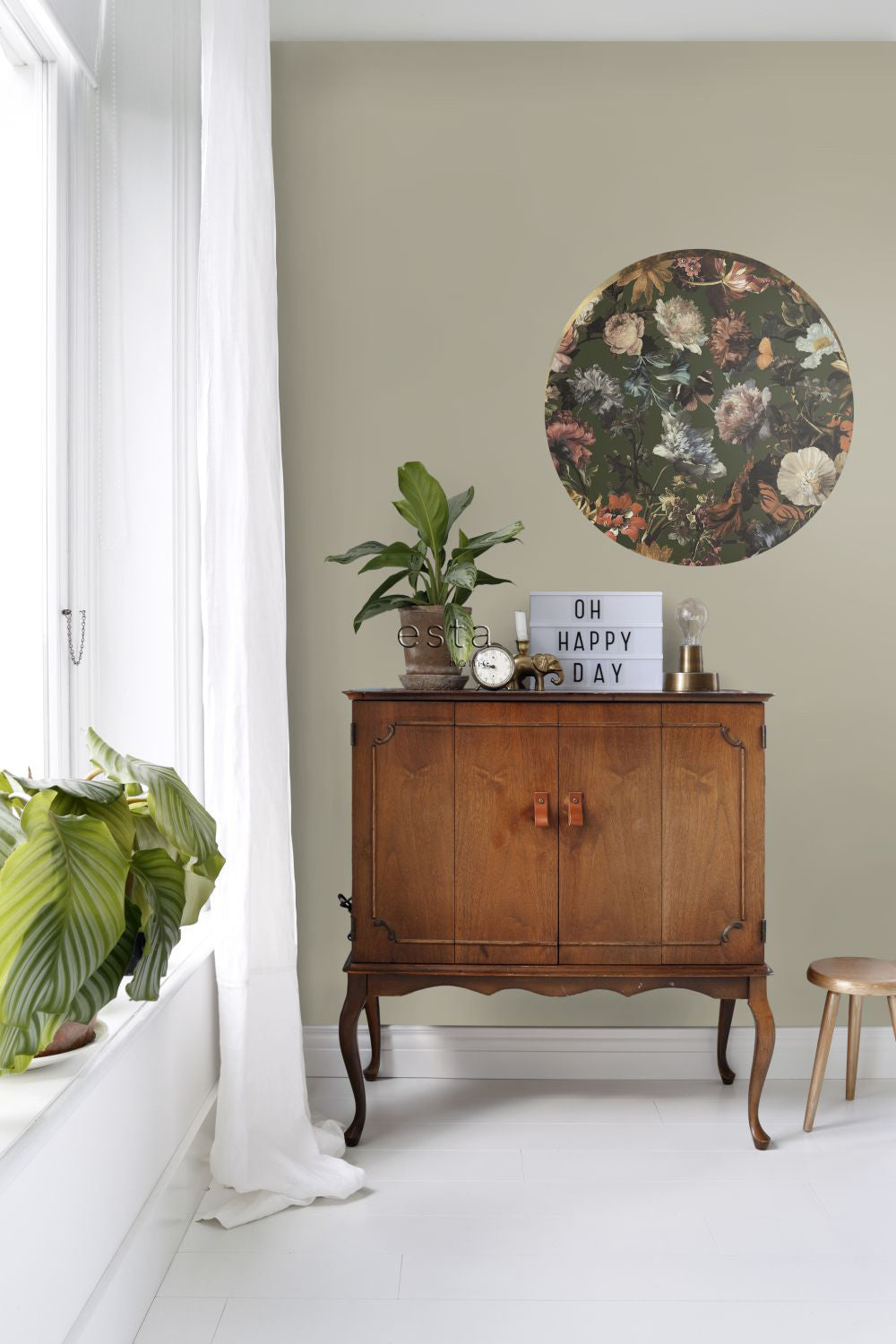 ESTAhome zelfklevende behangcirkel bloemen vergrijsd olijfgroen - Ø 70 cm - 158989