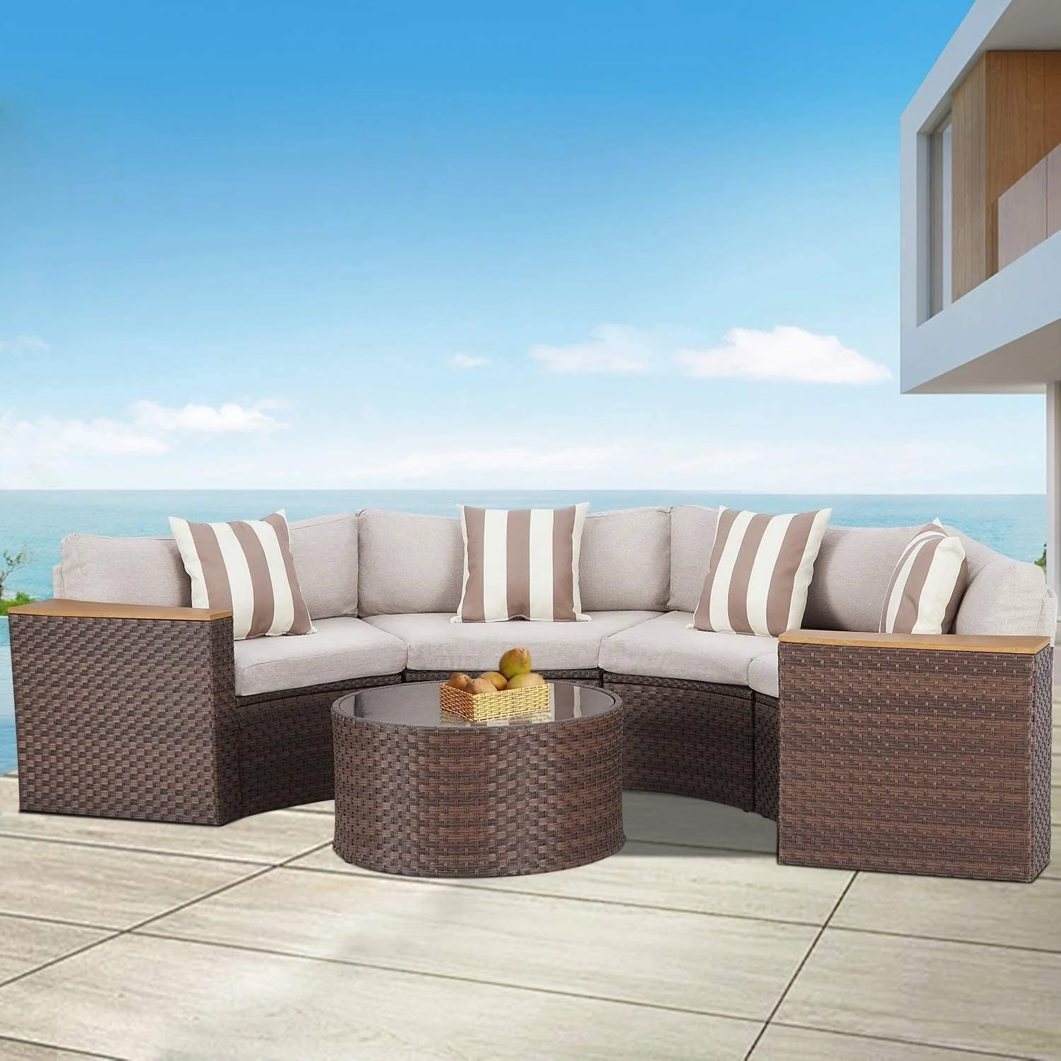 Nuon Outdoor Patio Furniture 5-piece Rattan Wicker Half-Moon Half Round Curved Sofa Sectional Set by Havenside Home