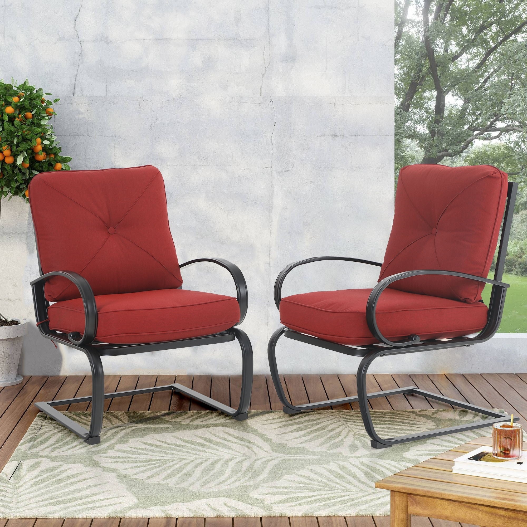 2-Piece C-Spring Patio Metal Dining Chairs with Cushions