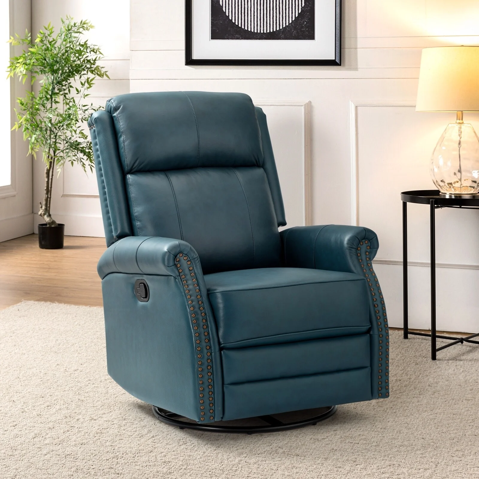 Alina Modern 20''w Genuine Leather Swivel Rocker Nursery Manual Recliner Chair with Rolled Arms by HULALA HOME
