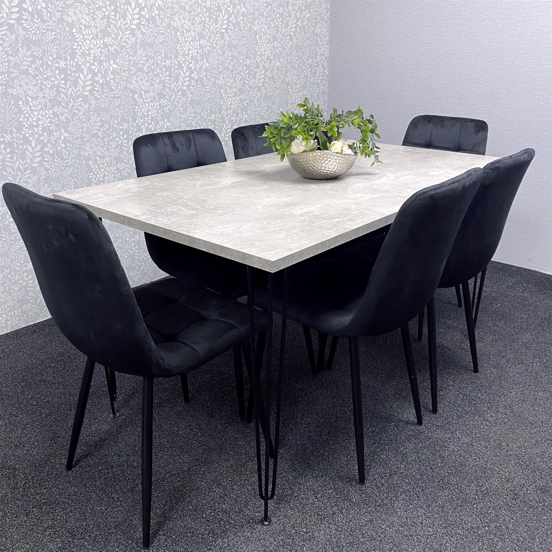 KOSY KOALA Dining Table With 6 Chairs Modern Grey Dining Table Set With 6 Black Velvet Chairs Dining Room Furniture