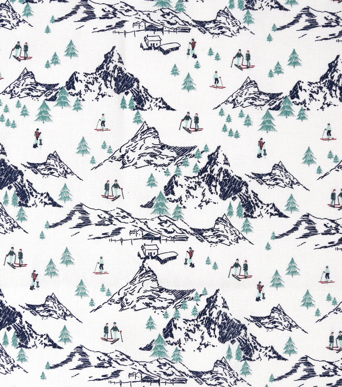 Skiing In The Mountains on White Novelty Cotton Fabric