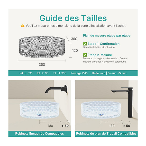 EMKE Vasque à Poser Ronde, 360 x 360 x 112 mm, Lavabo en Verre Noir, Design Montage sur Comptoir