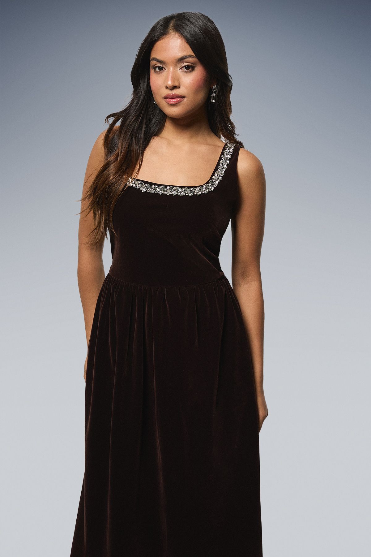 Dorothy Perkins Petite Velvet Embellished Neckline Structured Midi Dress