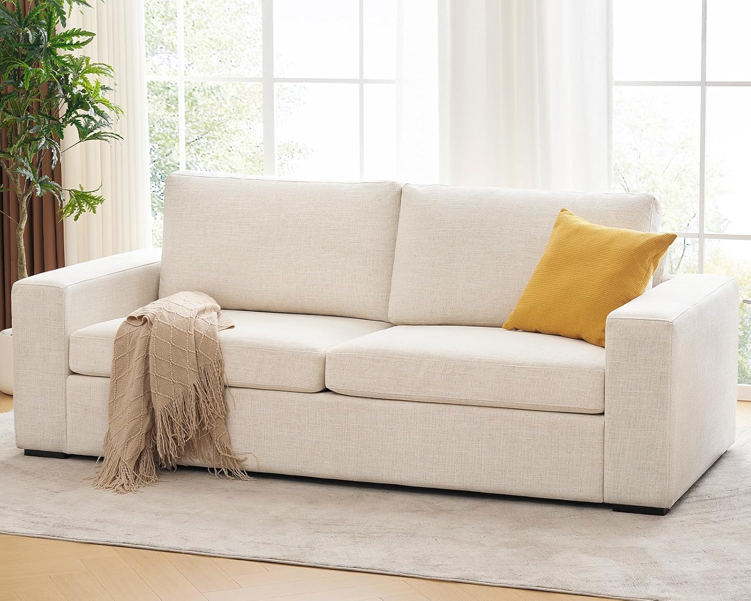 ELUCHANG 85 Modern Sofa Couches for Living Room, 3 Seater Sofa, Natural Linen Deep Seat Sofa with Upholstered Cushion&Detachable Cover, Comfy Sofa Couch for Small Space, Apartment, Beige