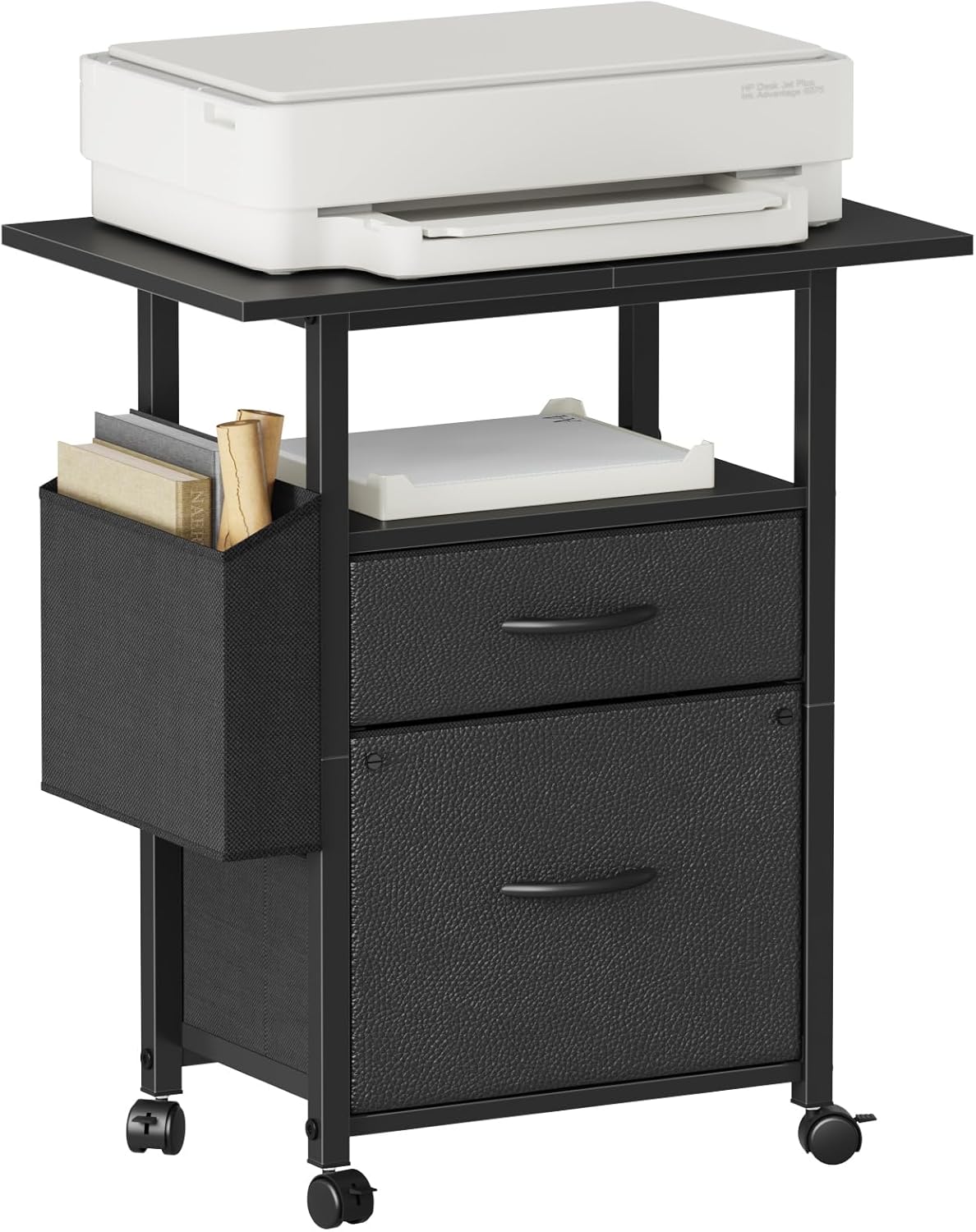 2-Drawer Fabric Mobile File Cabinet with 24 Extendable Top, Rolling Upright Filing with Storage Pockets, Fits A4 Documents for Home Office (White)(Black/25.6''H)