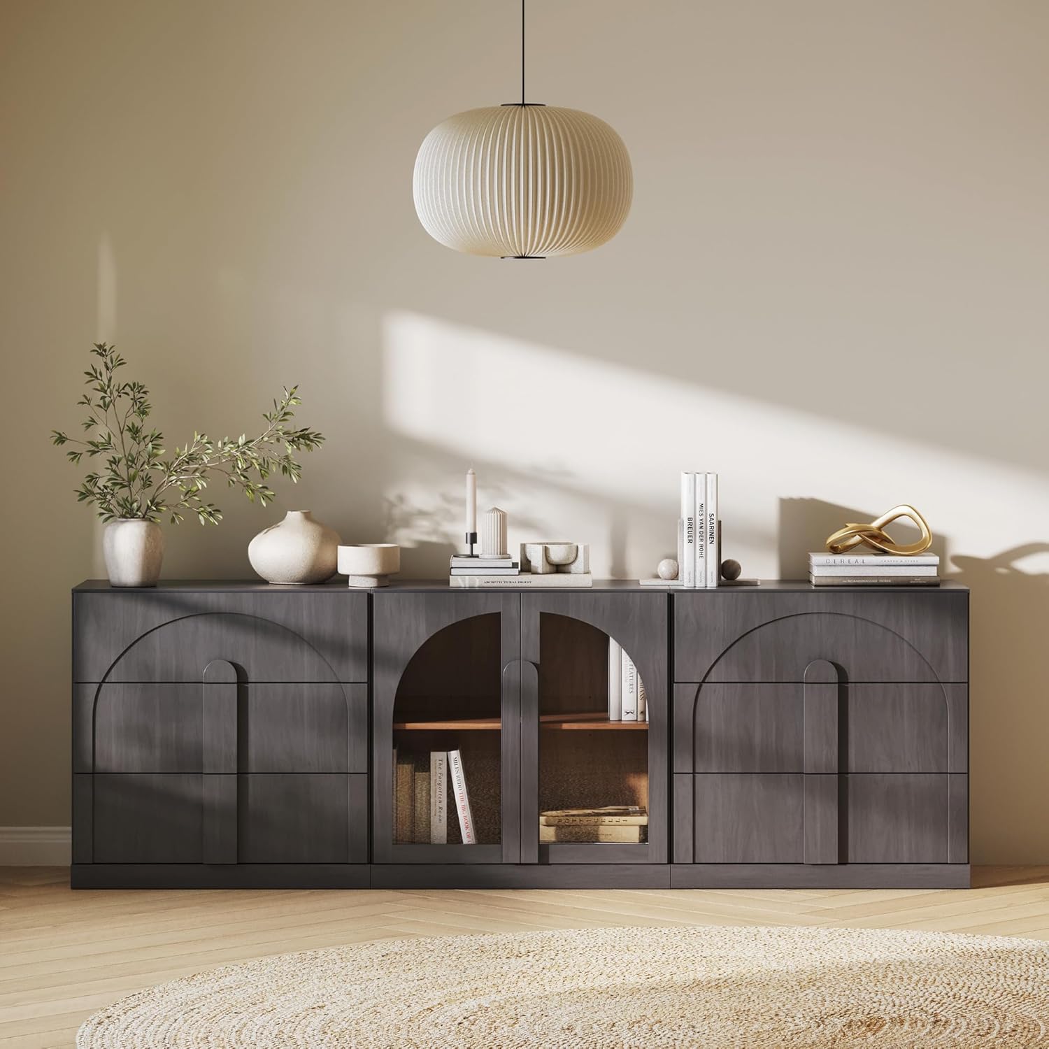 BELLEZE 3-Piece Sideboard Cabinet Set Freely Configurable, Modern Wood Modular Cabinet Contain 2 3-Drawer Storage and Display Glass Door, Accen Storage Console for Dining Room Living Room, Ebony