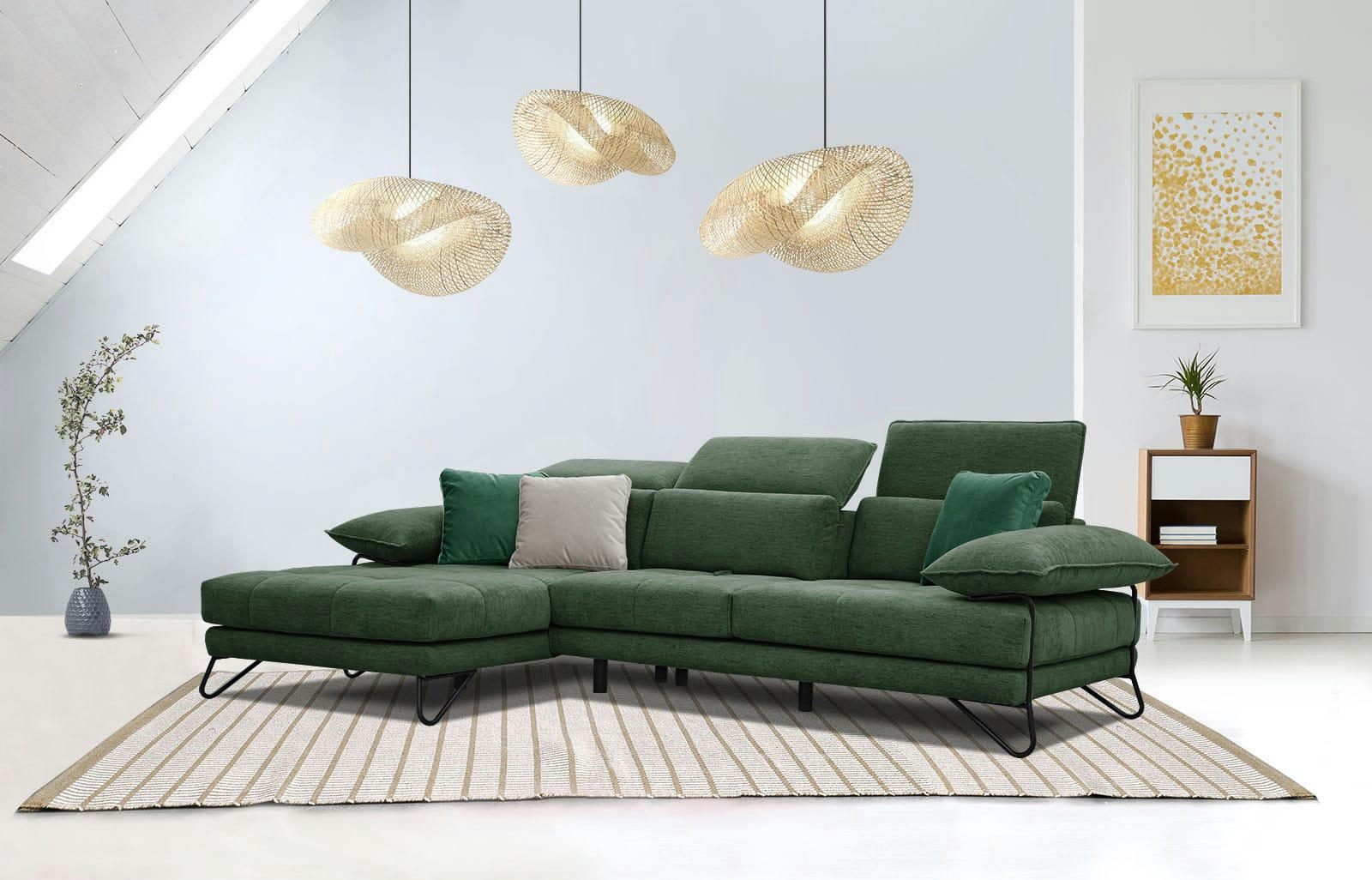 NORDEN - Canapé d'angle gauche 4 places en tissu vert foncé avec coussins déco