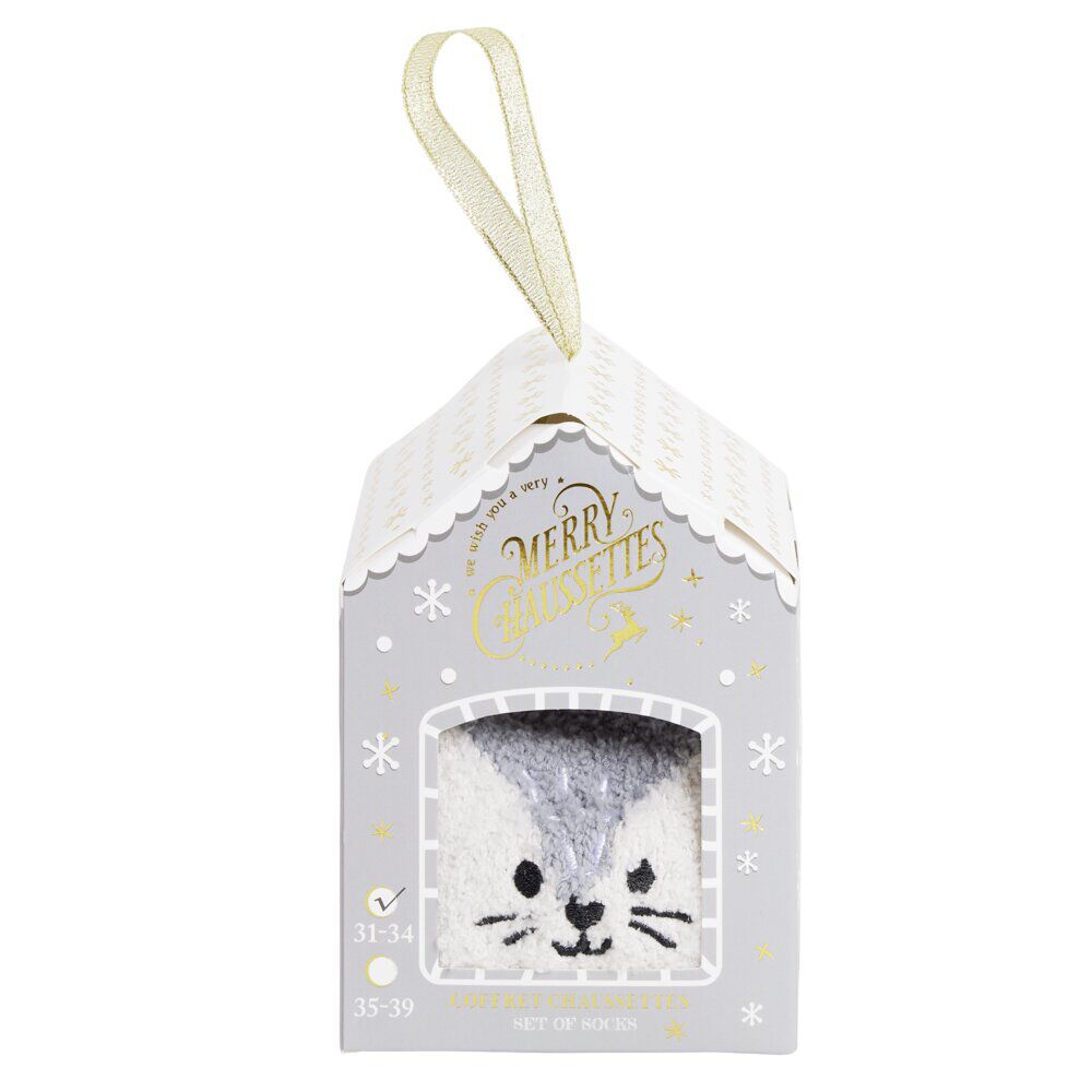 Coffret cadeau chaussettes cocooning chat No&euml;l gris et blanc (31/34 ou 35/39)