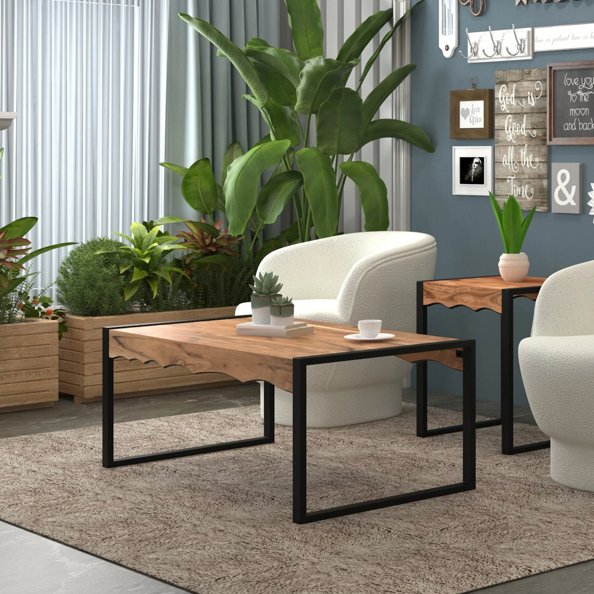 Rustic Solid Wood & Iron Coffee Table in Natural