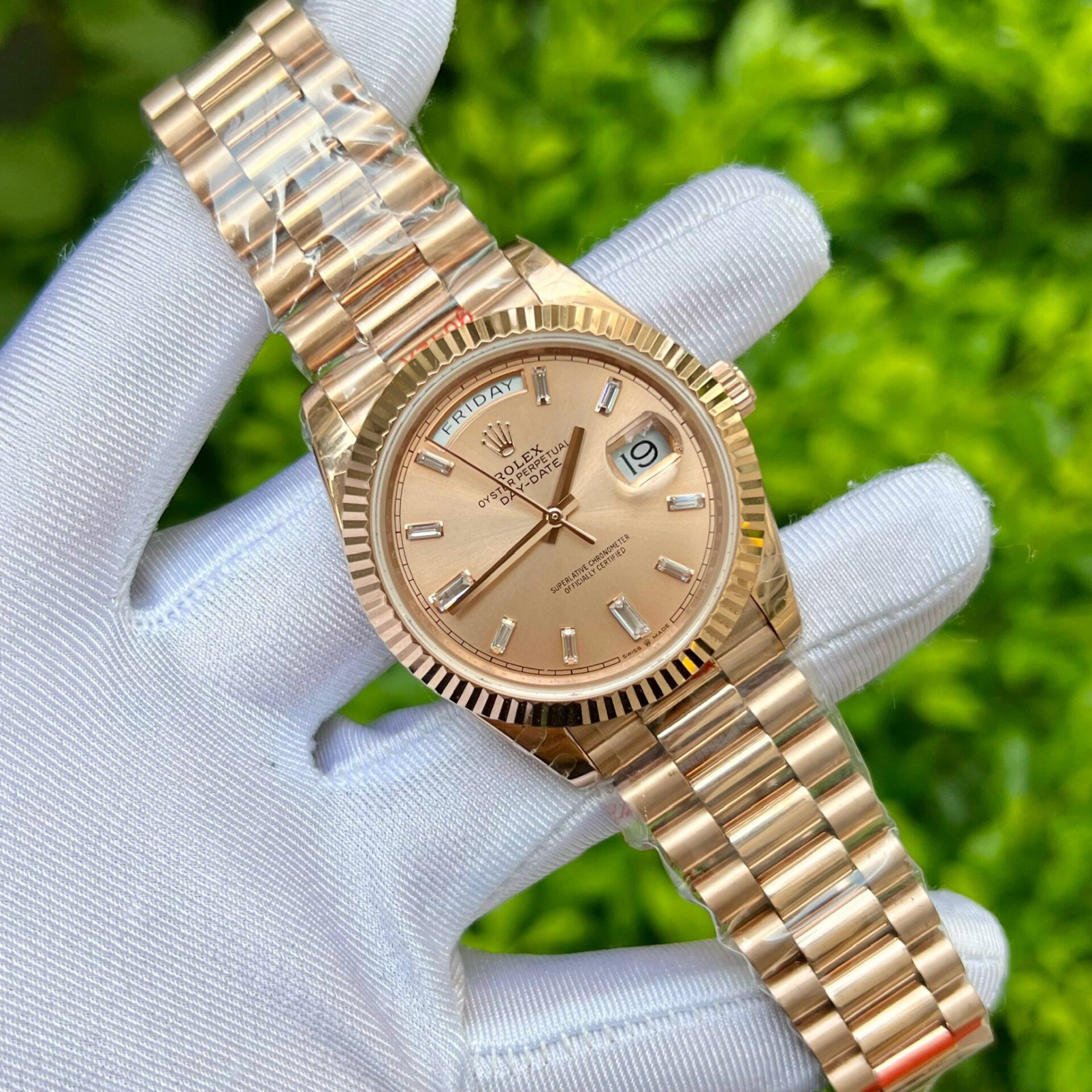 Rolex Day-Date 228235 RG Plated Pink Dial CZ Diamonds 40mm Super Clone