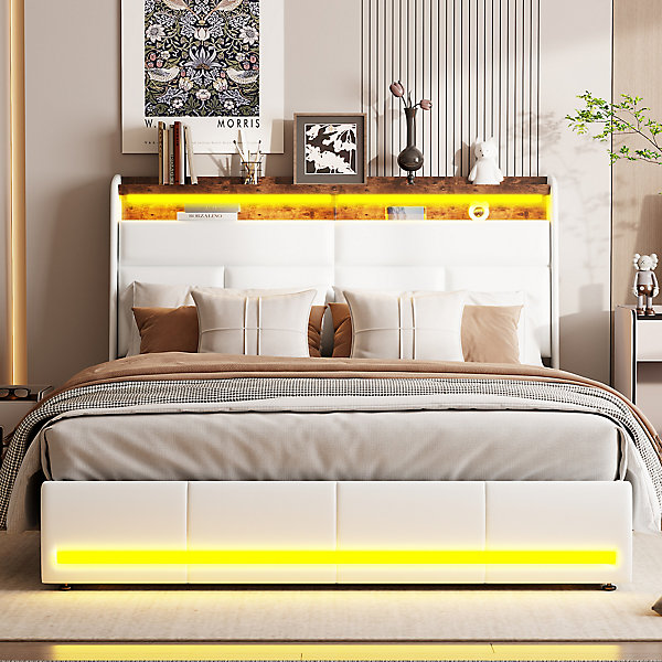 Lit Coffre 160x200 Avec Sommier Et USB, LED, Cadre De Lit Avec Rangement Et Tete De Lit, Blanc