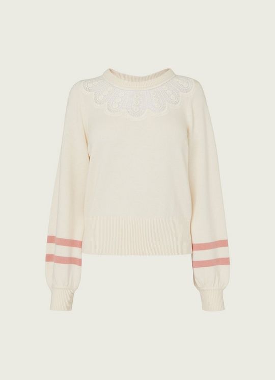 Odette Cream Merino-Cotton Lace Detail Jumper