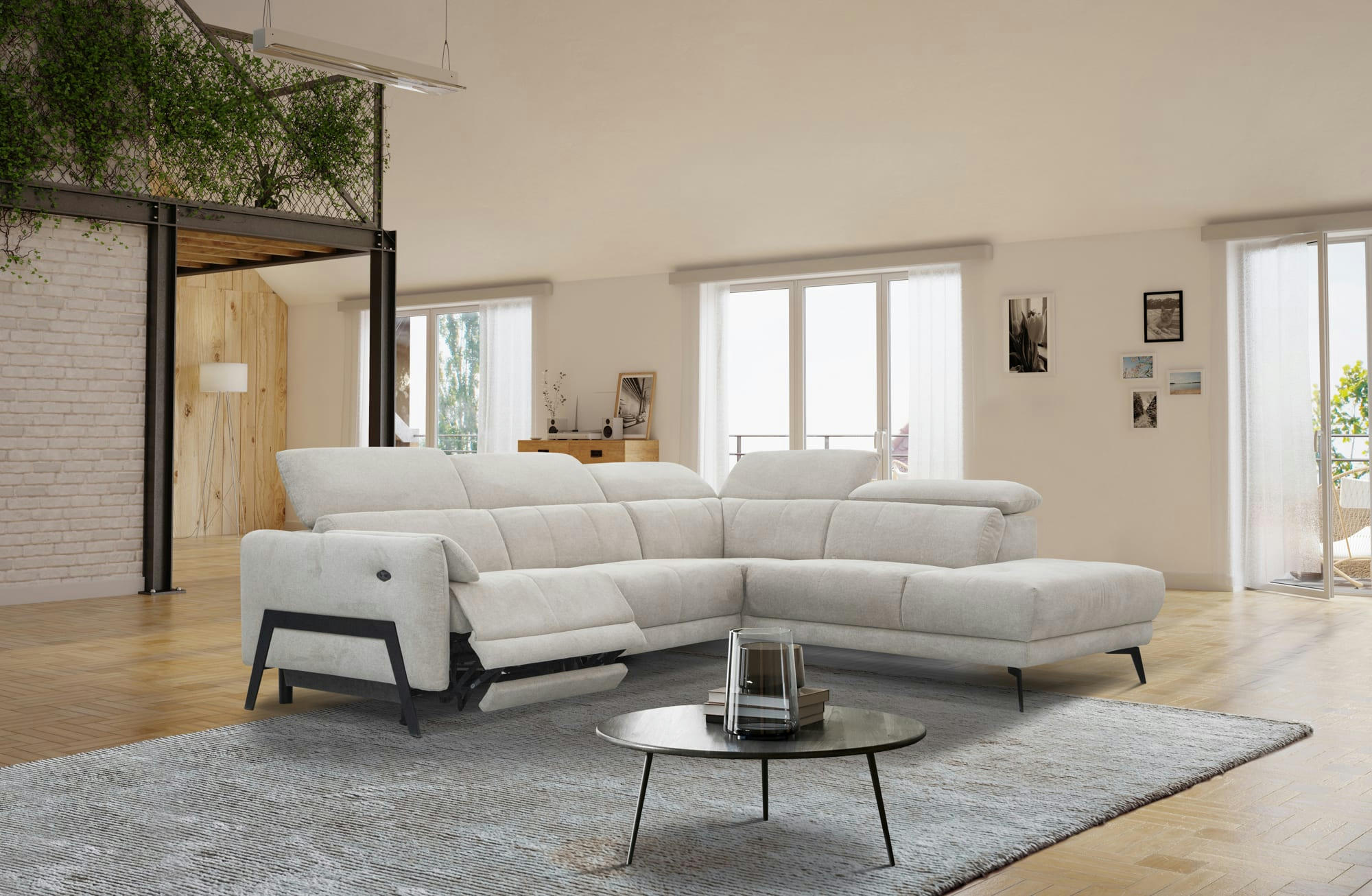 SCALA - Canapé d'angle droit 5 places avec une relax électrique, Tissu Beige