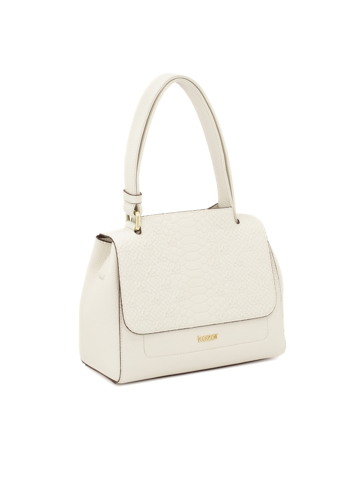 White handbag with flap in embossed pattern