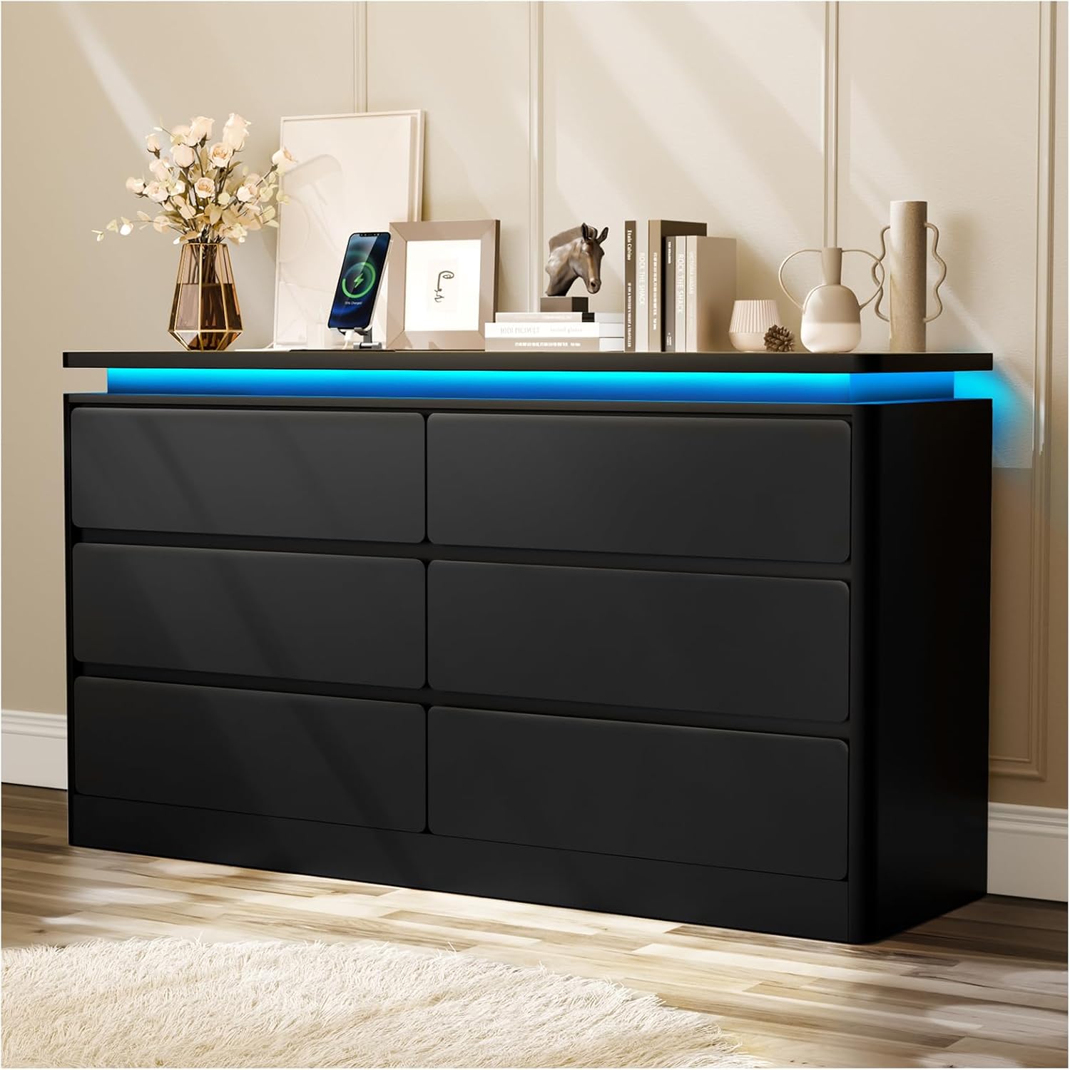 Loomie Upgraded 6 Drawer Black Dresser for Bedroom, 47.2 Long Chest of Drawers with Charging Station & LED Lights, Wooden Storage Cabinet Dresser for Closet,Modern TV Stand with Deep Drawers
