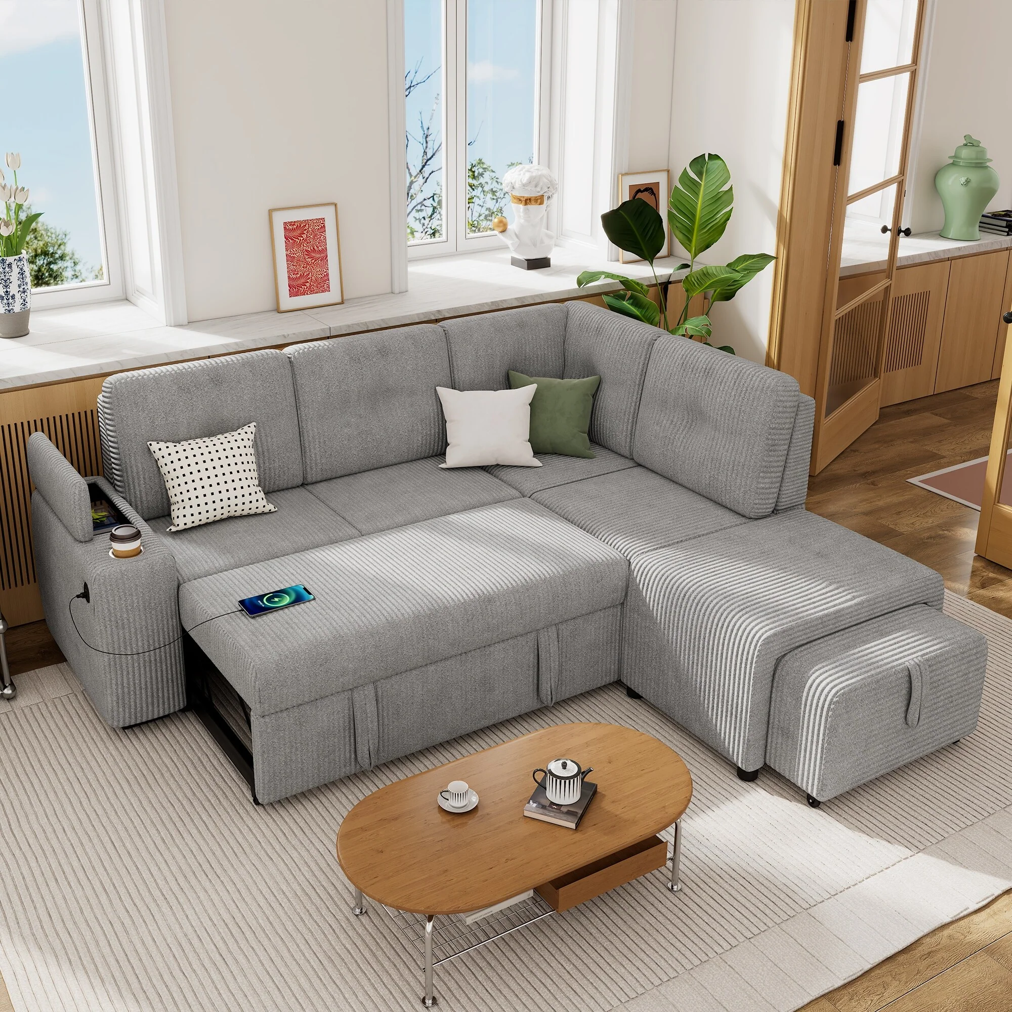 Modern Convertible Sectional Sofa Bed with USB Ports and Storage and Cup Holder for Small Space Living Room