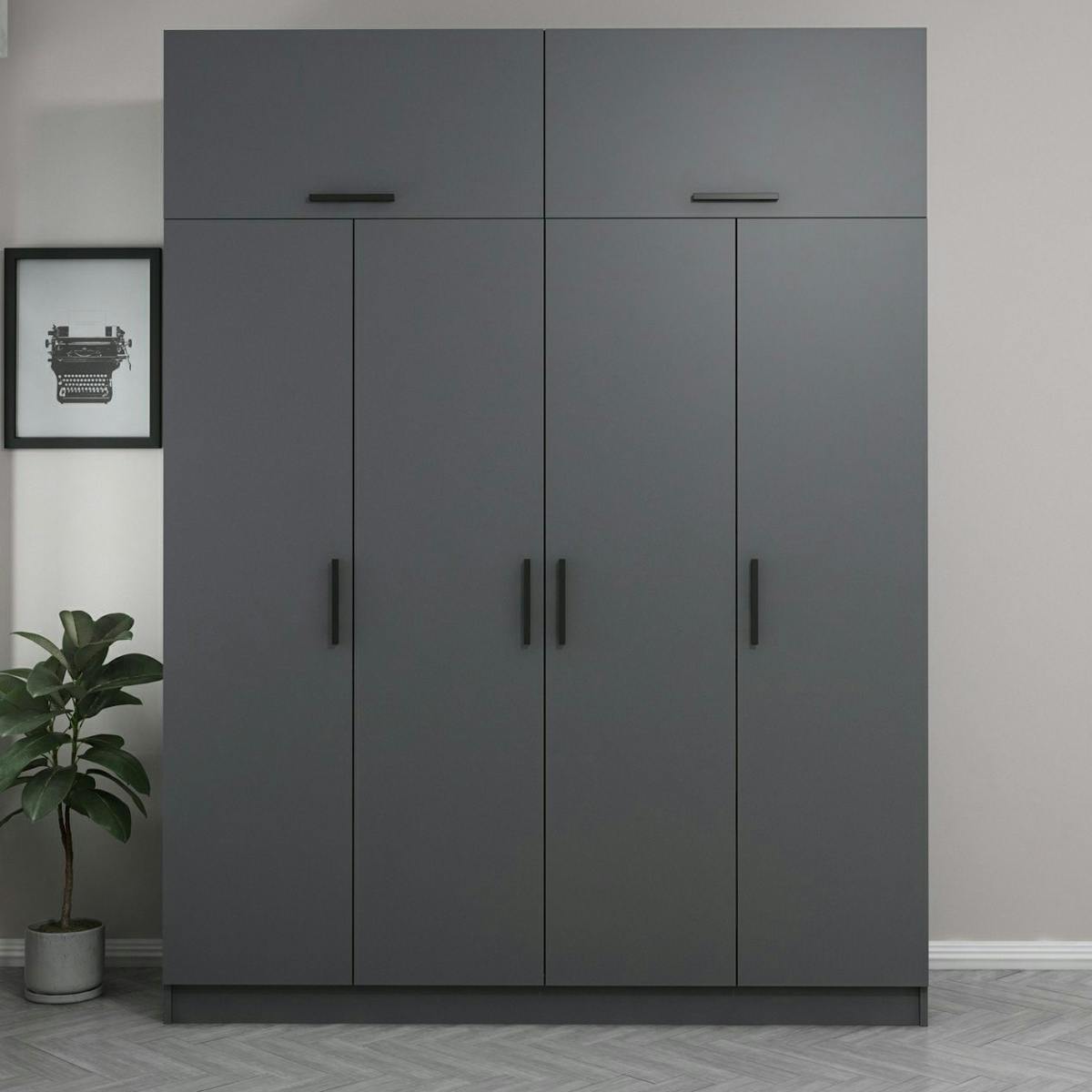 Armoire penderie grise 6 portes, 1 portant 2 tiroirs BYRON