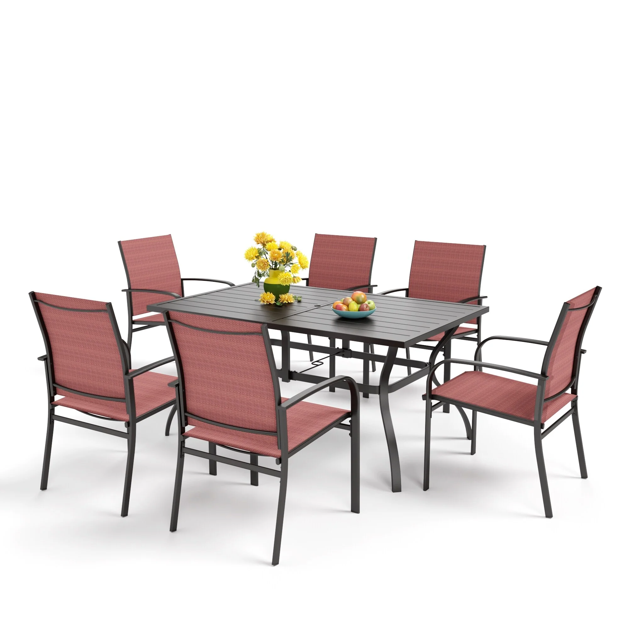 MAISON ARTS Patio Dining Set 7 Piece Metal Rectangle Table and 6 Textilene Chairs