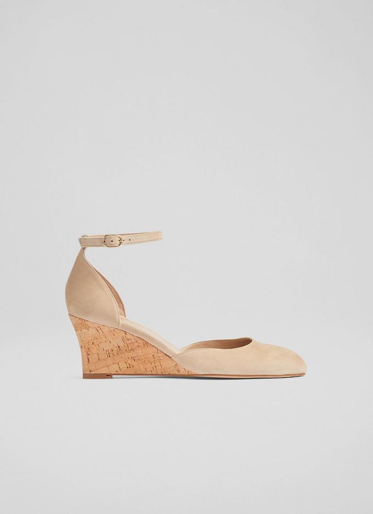Bre Beige Suede Ankle Strap Cork Wedges