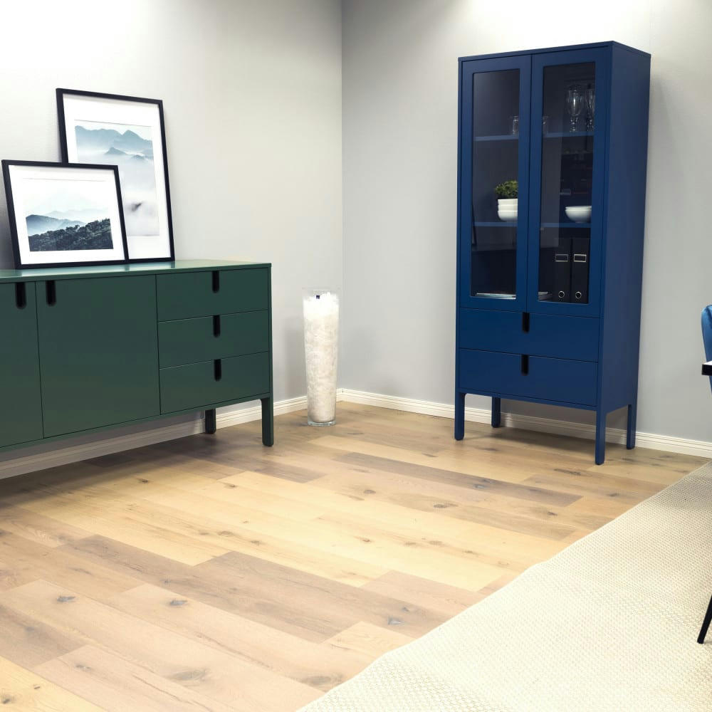 UNO - Vitrine en bois 2 portes 2 tiroirs H178cm bleu canard