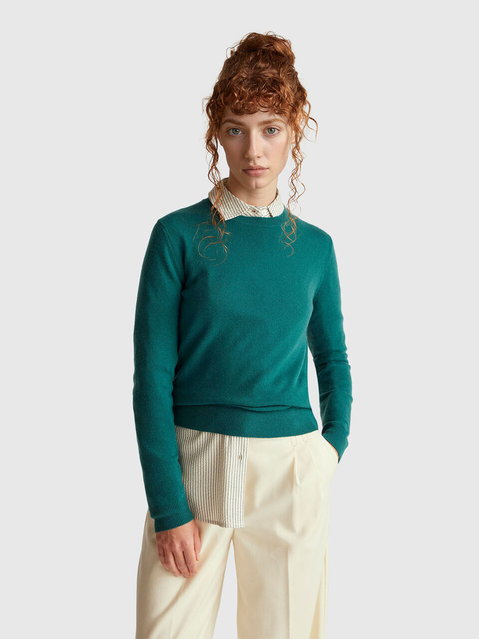 Green crew neck sweater in Merino wool