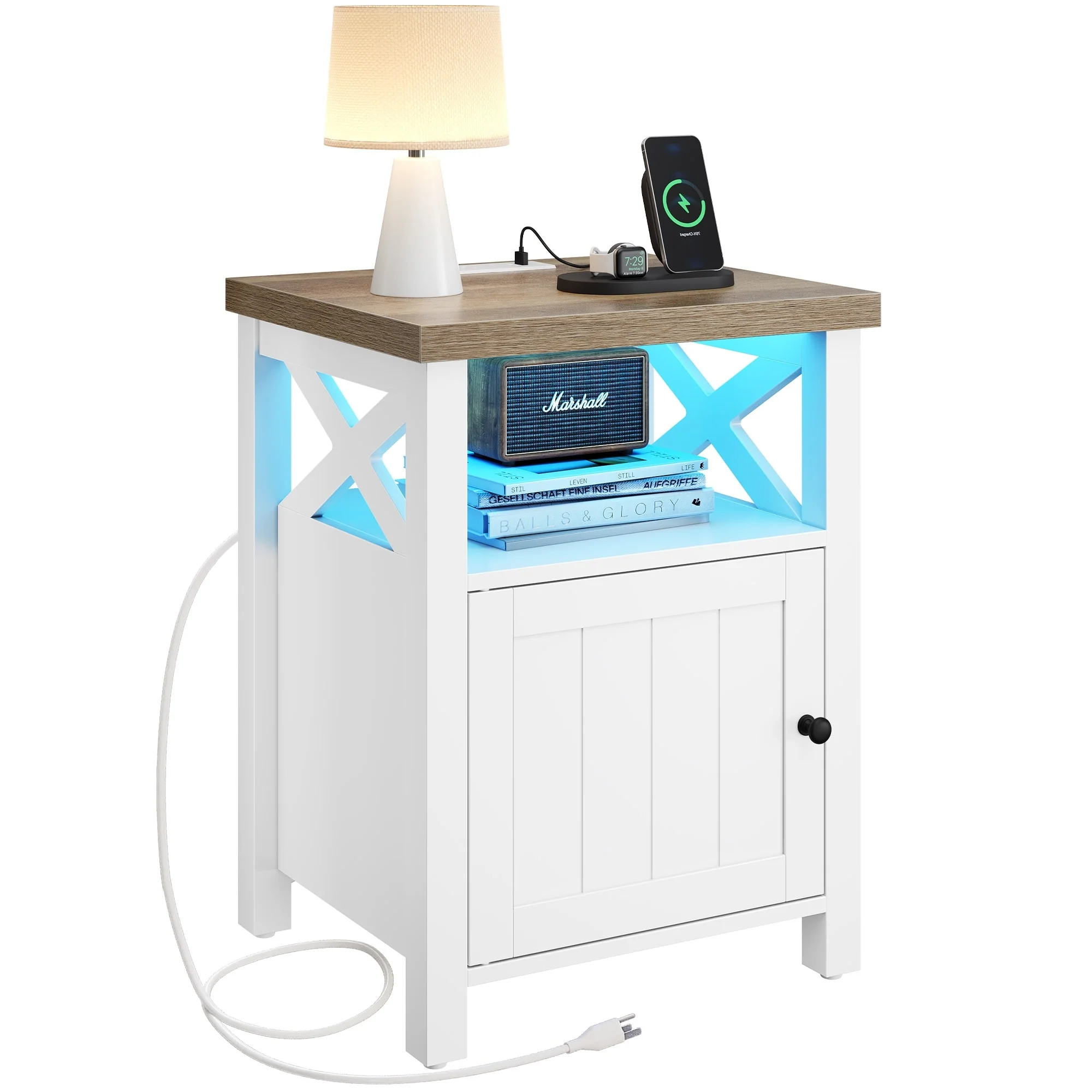 Moasis LED Nightstand with Door and Open Storage Charging Station Side Table