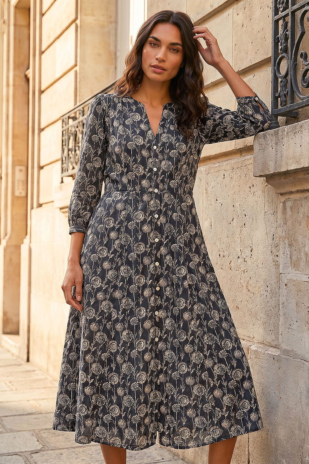 Roman Printed V-Neck Midi Dress