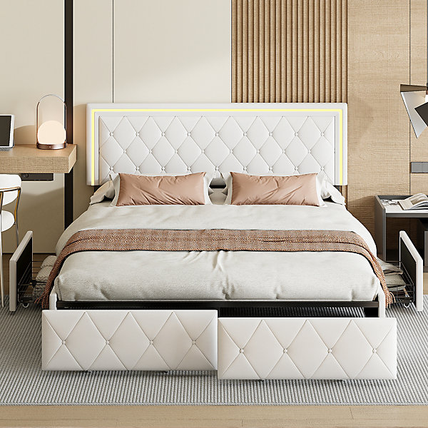 Lit 160x200cm avec LED tête de lit relevable, Lit capitonné avec 4 tiroirs et Rangement Lit, Blanc