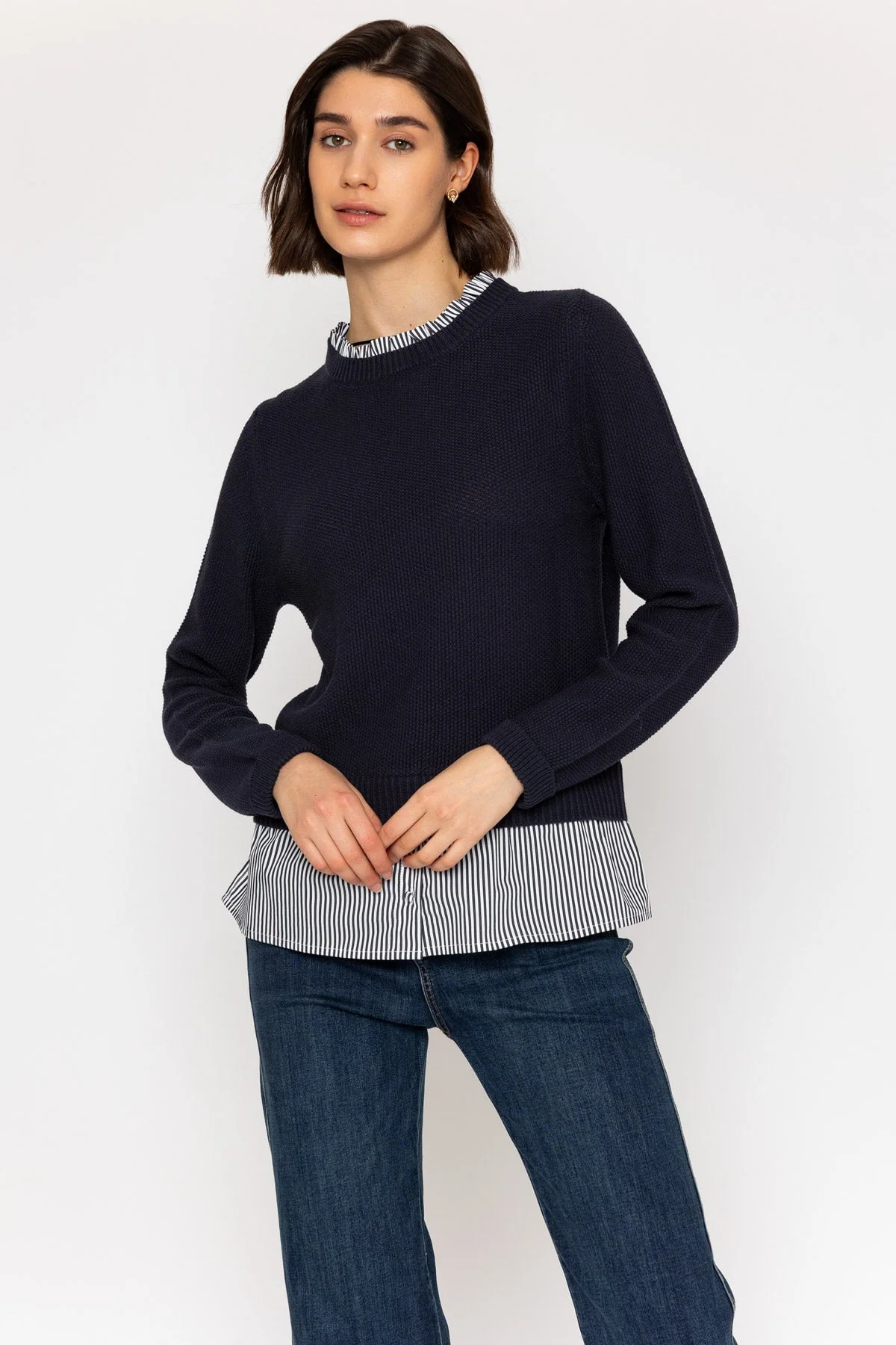 Navy Knit Jumper with Shirt Hem Detail