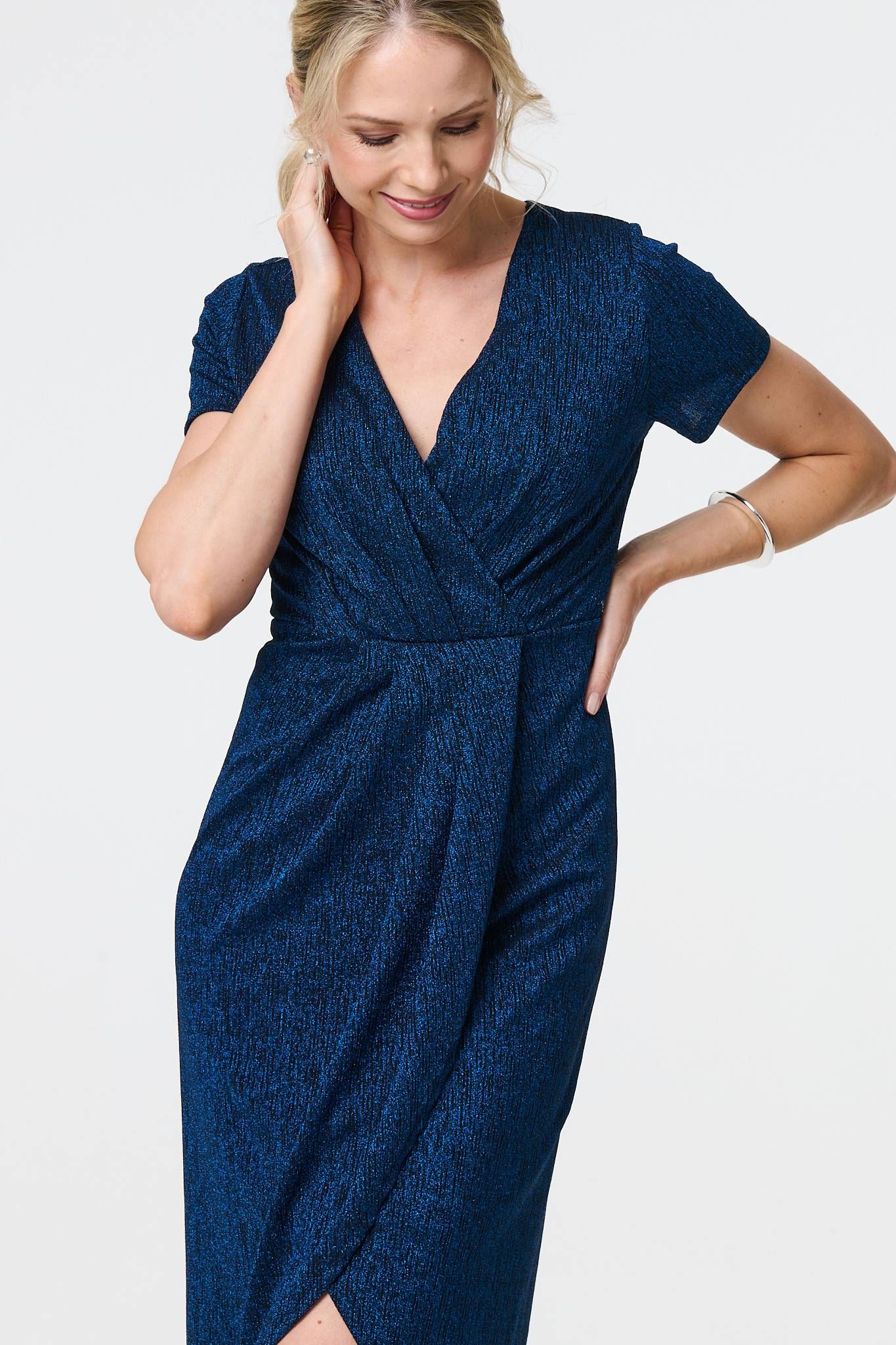 Izabel London Sparkly Ruched Short Sleeve Midi Dress