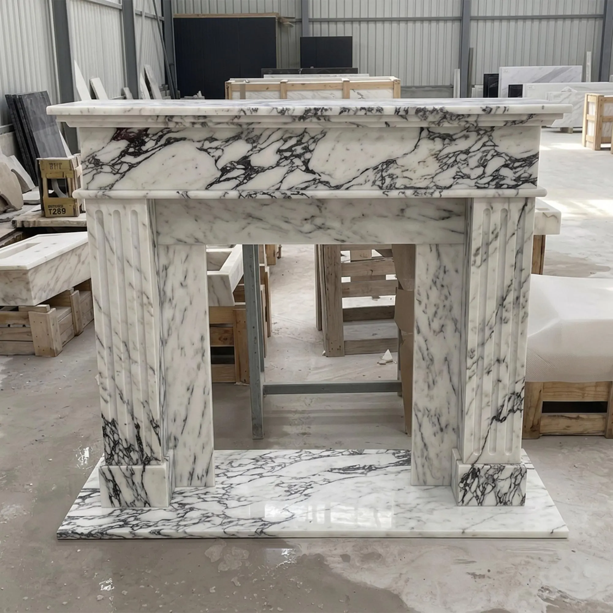 Marble Fireplace Mantel Surround - Hand-Carved Black and White Marble - Fluted Natural Stone