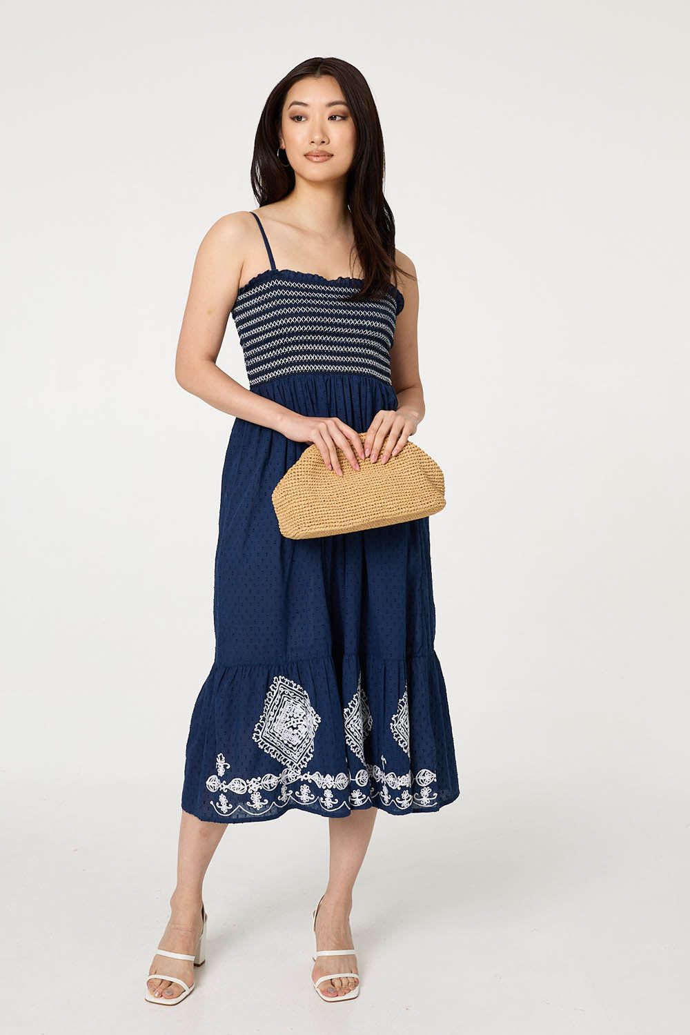 Izabel London Embroidered Border Cami Strap Midi Dress