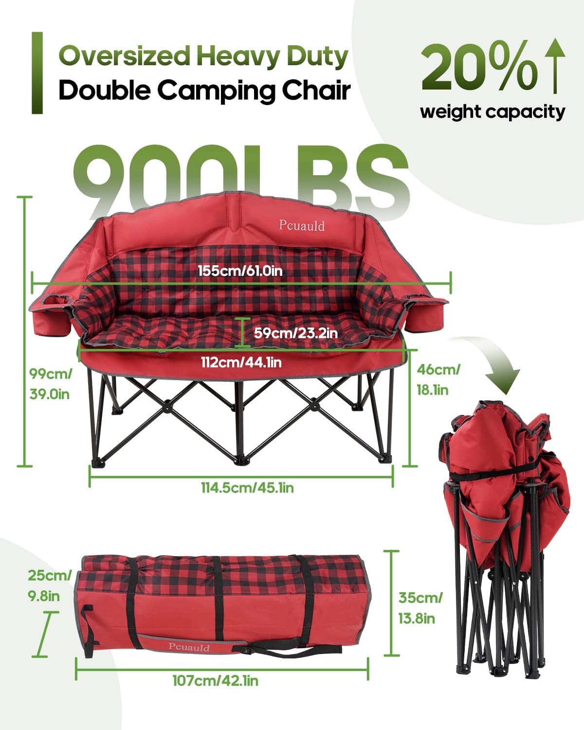 Double Camping Chair Padded Loveseat Camp Couch for Adults, Oversized 2 Person Love Seat with 2 in 1 Carry Bag, Heavy Duty Folding Outdoor Sofa with Cup Holders for Lawn Beach Tailgating, Red