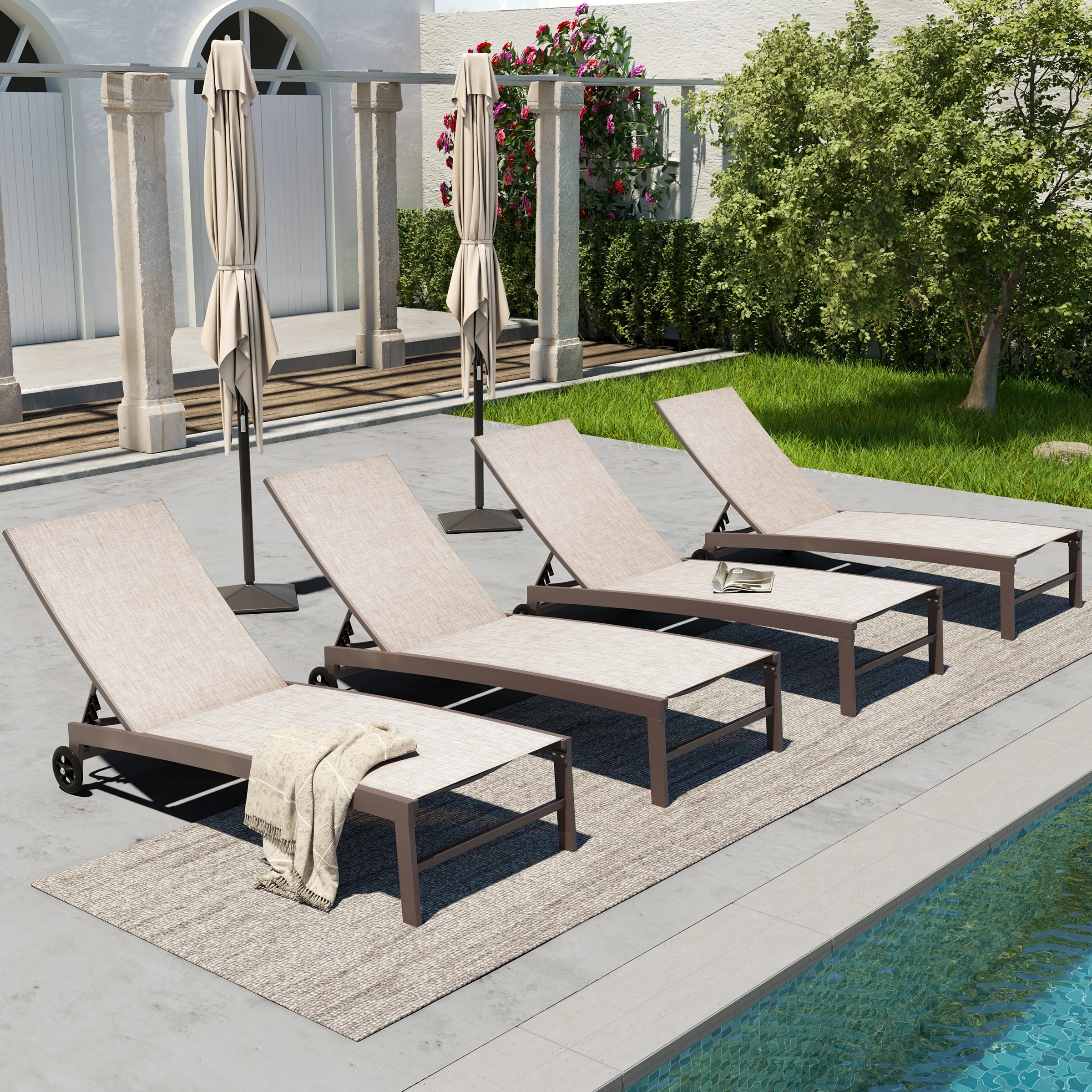 Outdoor Wheel Adjustable Chaise Lounge Chairs 5 Reclinig Position Aluminum Sun Lounger