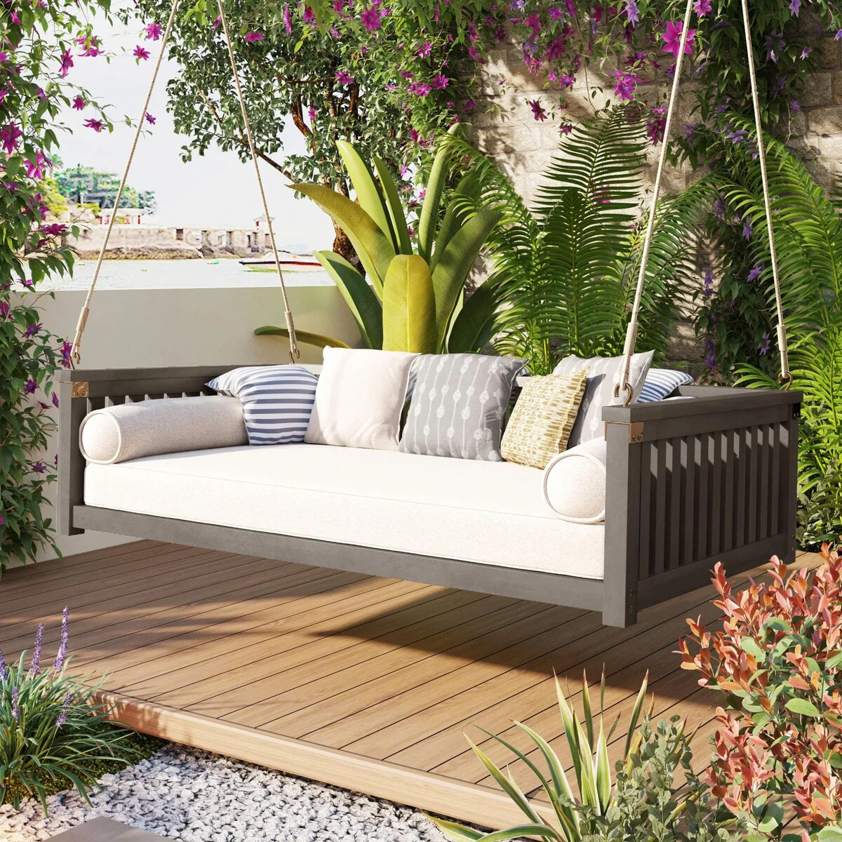 Minimalist Twin Size Wood Porch Swing with Ropes for Patio（Not include cushion）