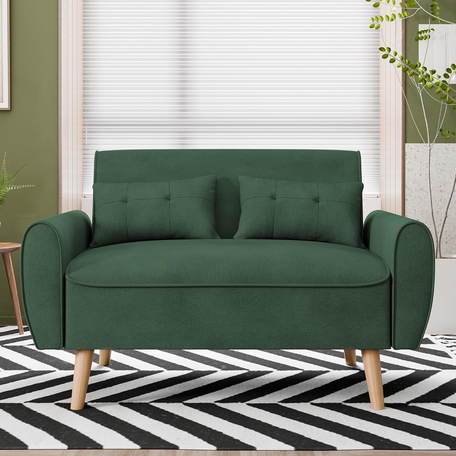 Vongrasig 47 Small Modern Loveseat Sofa, Mid Century Linen Fabric 2-Seat Sofa Couch Tufted Love Seat with Back Cushions and Tapered Legs for Living Room, Bedroom and Small Space (Green)