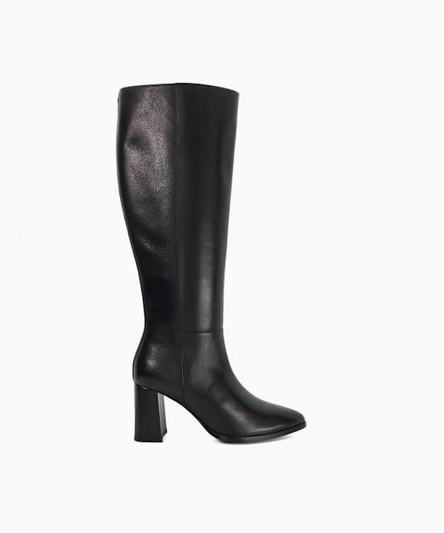 Salla Black - Block Heel Leather Knee High Boots