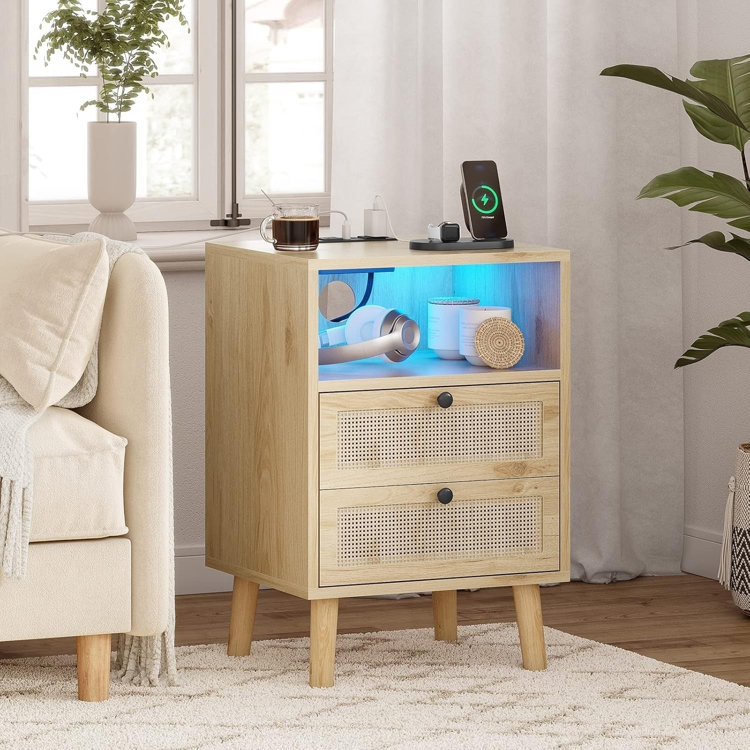 Rattan Nightstand for Bedroom Charging Station USB Ports LED Lights