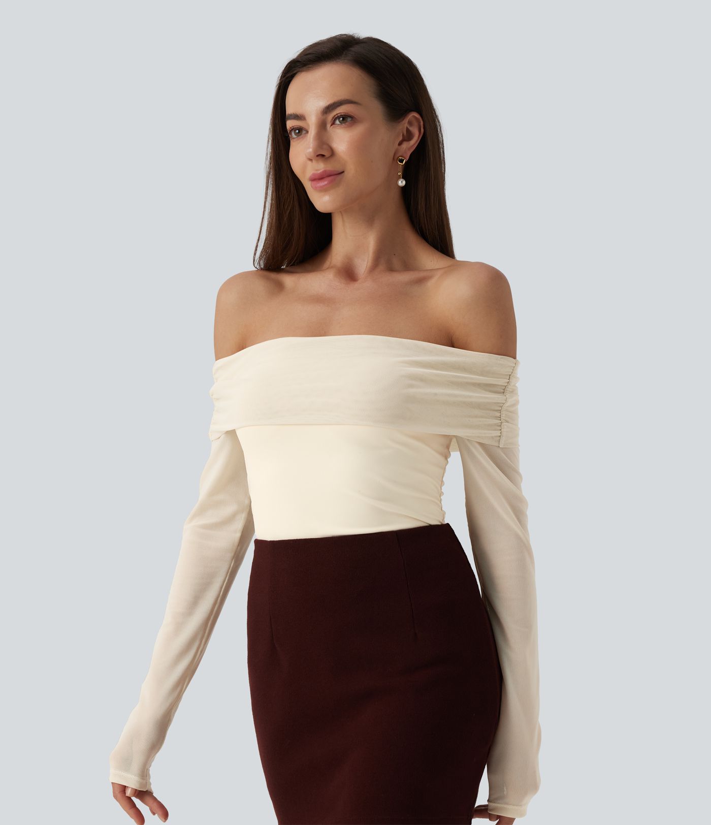 Haut SoftlyZero™ Plush épaules dénudées mesh manches longues
